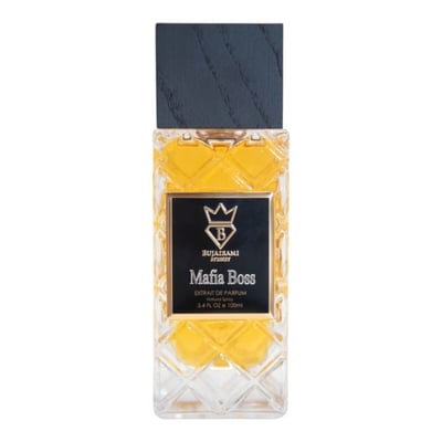 Bujairami Mafia Boss 100ml Extrait de Parfum — Clear glass bottle with textured diamond pattern, filled with golden liquid, topped with a dark wood cap. Black label features a crown logo and gold text.