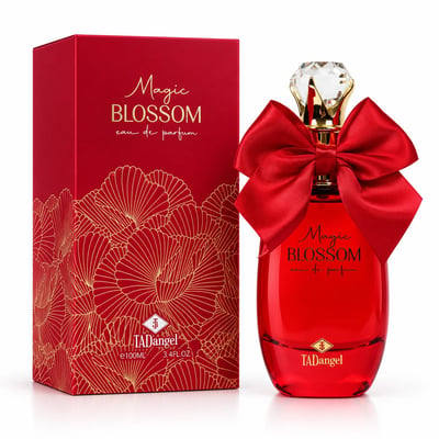 TADangel Magic Blossom — Red perfume bottle with a large red satin bow and a crystal cap, next to its matching red gift box with gold floral patterns.