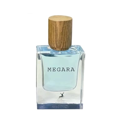 Maison Alhambra Megara 50ml — A clear glass perfume bottle with a light blue liquid and a wooden cap, featuring the text 'MEGARA' and a deer logo with 'MAISON ALHAMBRA' below. | Maison Alhambra Megara 50ml — Botol minyak wangi kaca jernih dengan cecair biru muda dan penutup kayu, menampilkan teks 'MEGARA' dan logo