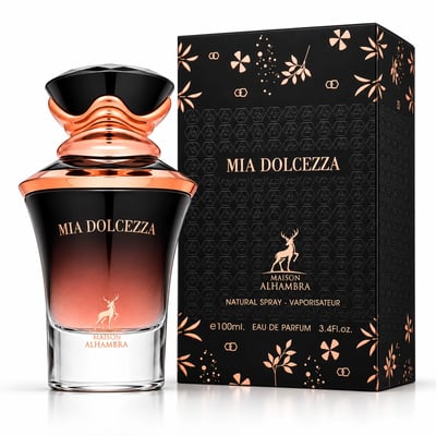Maison Alhambra Mia Dolcezza — Black and rose gold gradient perfume bottle with faceted black and rose gold cap, next to its matching black box with rose gold floral and geometric patterns. Deer logo visible on both.