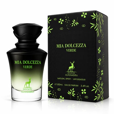 Maison Alhambra Mia Dolcezza Verde — Black box with green leaf and deer motif next to a gradient green and clear glass perfume bottle with black cap and deer emblem.