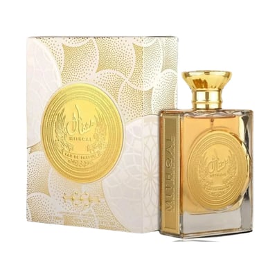 Ard Al Zaafaran Mithqal 100ml — A rectangular glass perfume bottle with a gold cap and a gold circular emblem on the front, next to its matching white and gold patterned box with a similar emblem. | Ard Al Zaafaran Mithqal 100ml — Botol minyak wangi kaca berbentuk segi empat dengan penutup emas dan lambang bulat emas