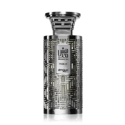 Zimaya Modhesh Noble 100ml by Zimaya — A metallic silver perfume bottle with an intricate geometric pattern and Arabic calligraphy on the label, set against a white background. | Zimaya Modhesh Noble 100ml by Zimaya — Botol minyak wangi perak metalik dengan corak geometri yang rumit dan kaligrafi Arab pada label