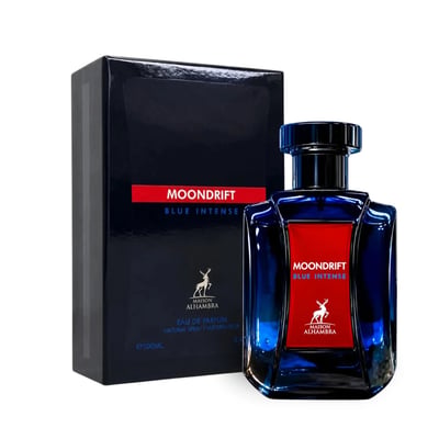 Maison Alhambra Moondrift Blue Intense 100ml — A blue glass perfume bottle with a red label is placed next to its matching dark blue box, both featuring gold deer logos and text. | Maison Alhambra Moondrift Blue Intense 100ml — Botol kaca biru dengan label merah diletakkan di sebelah kotak biru gelap yang sepadan