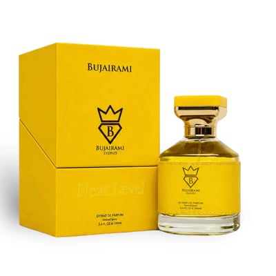 Bujairami Next Level by Bujairami 100ml Extrait — Yellow box and glass perfume bottle with gold cap, featuring the Bujairami logo.