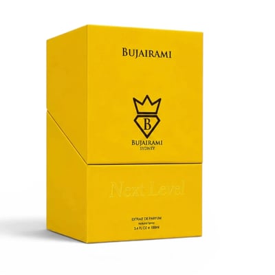 Bujairami Next Level by Bujairami 100ml Extrait — Yellow two-piece box packaging with embossed logo and text, featuring the brand name BUJAIRAMI and a crown logo with 'B' inside.
