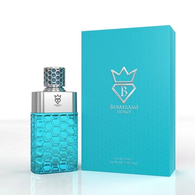Bujairami No Limit by Bujairami 100ml EDP Unisex — A turquoise glass perfume bottle with a honeycomb pattern and a silver cap, next to a matching turquoise box with a silver crown logo. | Bujairami No Limit by Bujairami 100ml EDP Unisex — Botol minyak wangi kaca biru kehijauan dengan corak sarang lebah dan penutup