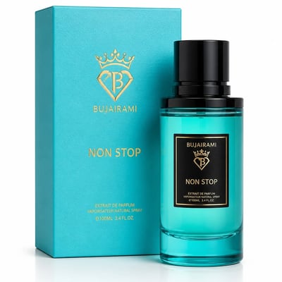 Bujairami Non Stop by Bujairami 100ml Extrait — Turquoise box and clear glass bottle with turquoise liquid and black cap, gold logo