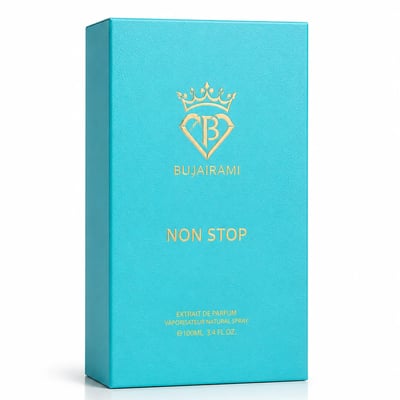 Bujairami Non Stop by Bujairami 100ml Extrait — Turquoise textured box with gold embossed logo, brand name, and product details.