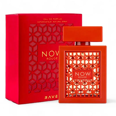 Rave Now Rouge Perfume EDP 100ml by RAVE — A red box with a geometric pattern sits next to an orange perfume bottle with a similar geometric cutout design. | Rave Now Rouge Perfume EDP 100ml by RAVE — Kotak merah dengan corak geometri terletak di sebelah botol minyak wangi oren dengan reka bentuk potongan geometri