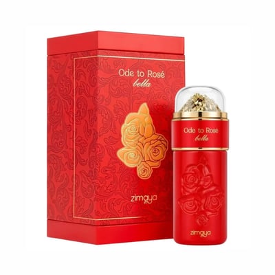 Zimaya Ode to Rose Bella Eau De Parfum — A red perfume bottle with embossed roses and a clear cap with gold accents sits next to its matching red patterned gift box with gold floral details. | Zimaya Ode to Rose Bella Eau De Parfum — Sebotol minyak wangi merah dengan bunga mawar timbul dan penutup jernih dengan aksen