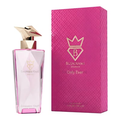 Bujairami Only Ever by Bujairami 100ml EDP — Pink faceted glass perfume bottle with a geometric gold cap, next to its textured pink box with gold branding.