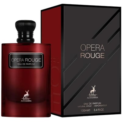 Maison Alhambra Opera Rouge — A deep red, rectangular perfume bottle with a black textured cap sits next to its matching black and red box. The bottle has a silver label with 'OPERA ROUGE EAU DE PARFUM' and a deer logo. | Maison Alhambra Opera Rouge — Botol minyak wangi berbentuk segi empat berwarna merah pekat dengan