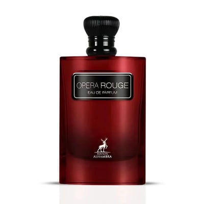 Maison Alhambra Opera Rouge Eau de Parfum — A red glass perfume bottle with a black cap and a black label that reads "OPERA ROUGE EAU DE PARFUM" and a deer logo with "MAISON ALHAMBRA" below it. | Maison Alhambra Opera Rouge Eau de Parfum — Botol kaca merah dengan penutup hitam dan label hitam bertuliskan "OPERA ROUGE