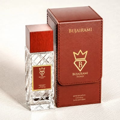 Bujairami Oud Money by Bujairami 100ml Extrait — Clear faceted glass perfume bottle with a red wooden cap and a red label, next to its brown leather presentation box with gold embossed logo.