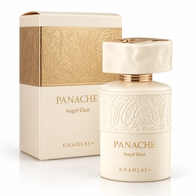 Khadlaj Panache Angel Dust — Cream bottle with embossed floral design and gold accents, next to its matching cream and gold box with embossed floral pattern.