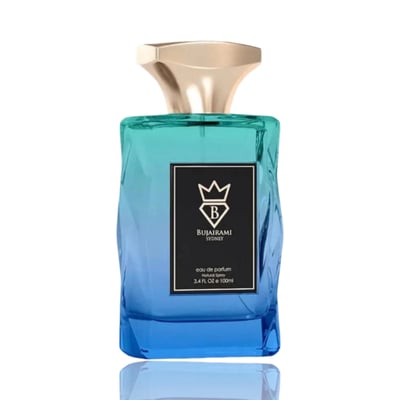 Bujairami Perfect Life by Bujairami Eau de Parfum 100ml — A faceted glass perfume bottle with a blue-to-teal gradient, featuring a black label with a crown and 'B' logo, and a gold cap.