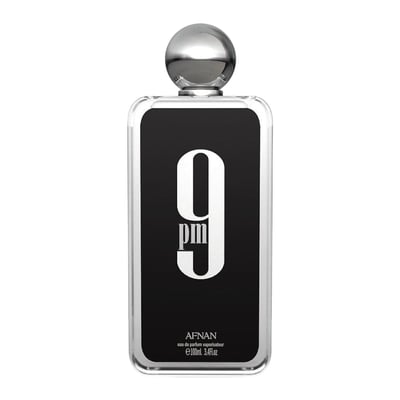 Afnan 9PM by Afnan 100ml EDP Men — Black rectangular bottle with a large white number 9 and 'pm' below, topped with a silver