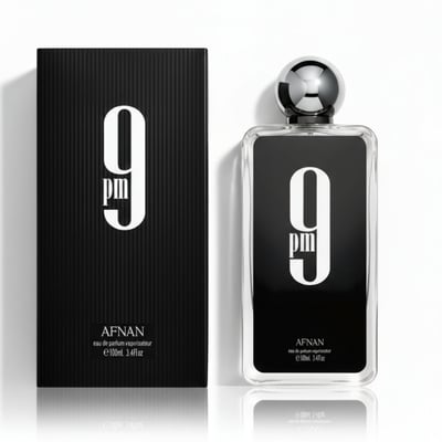 Afnan 9PM by Afnan 100ml EDP Men — Black box and clear glass bottle with black label featuring a large white '9 pm'