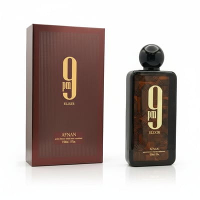 Afnan 9PM Elixir — A brown box and a dark glass bottle with gold accents and "9 PM ELIXIR" text, set against a white