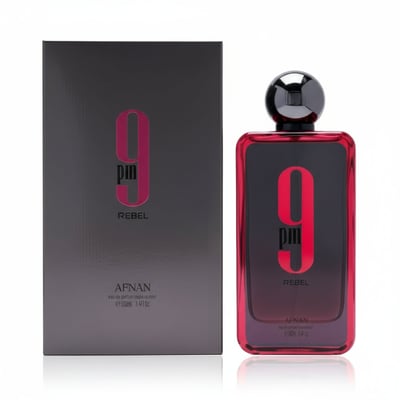 Afnan 9 PM Rebel EDP 100 ml Men — A dark grey box and a red-bordered glass bottle with a black cap, both featuring a large