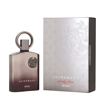 Afnan Supremacy Not Only Intense Extrait 100ml — A metallic gradient perfume bottle with a silver ring cap stands next to