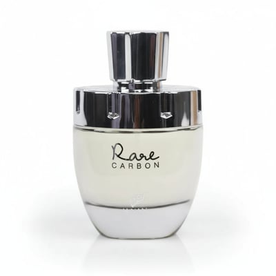 Afnan Rare Carbon — White perfume bottle with silver cap and accents, featuring 'Rare CARBON' text and a logo.