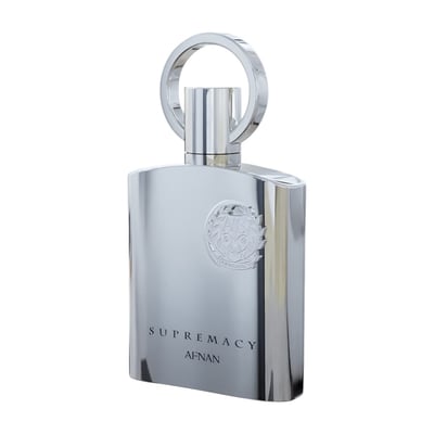 Afnan Supremacy Silver by Afnan — Polished silver perfume bottle with a circular top ring and embossed emblem