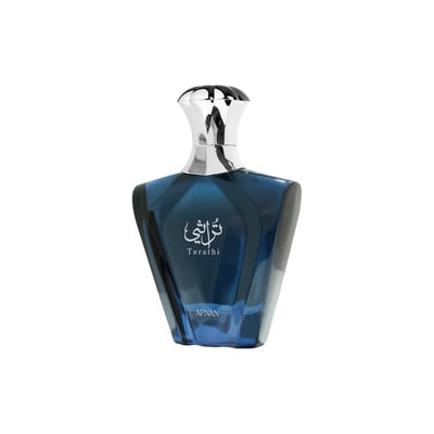 Afnan Turathi Blue by Afnan 90ml EDP for Man — Blue glass perfume bottle with a silver cap, featuring Arabic script and