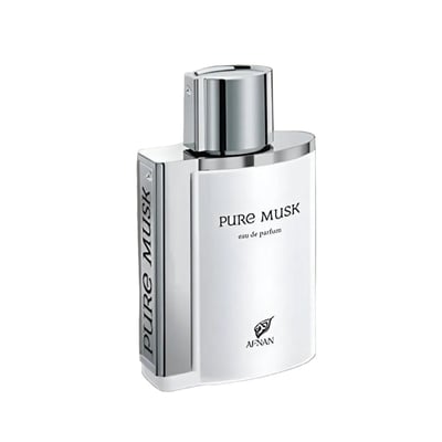 Afnan Pure Musk — White rectangular bottle with silver cap and side accents, text "PURE MUSK" and "eau de parfum" visible