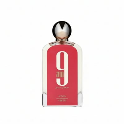 Afnan 9 AM – Pour Femme by Afnan Perfumes – 100 ml for Women. A clear glass perfume bottle with a red label featuring the number 9 and 'am pour femme' in gold lettering, topped with a silver and black cap.