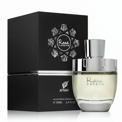 Afnan Rare Carbon — Black textured box with embossed circular design next to a clear glass perfume bottle with silver cap