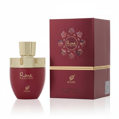Afnan Rare Passion — Red perfume bottle with gold cap next to a matching red gift box with intricate circular design