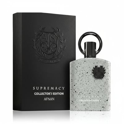 Afnan Supremacy Collector’s Edition — Black textured box with embossed crest next to a speckled grey bottle with black cap