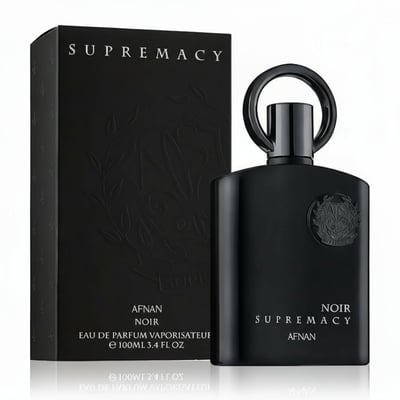 Afnan Supremacy Noir by Afnan 100ml EDP Men — Black perfume bottle and matching box with embossed leaf design on white
