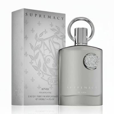 Afnan Supremacy Silver by Afnan 100ml EDP Men — Silver perfume bottle and matching box with embossed floral and crest