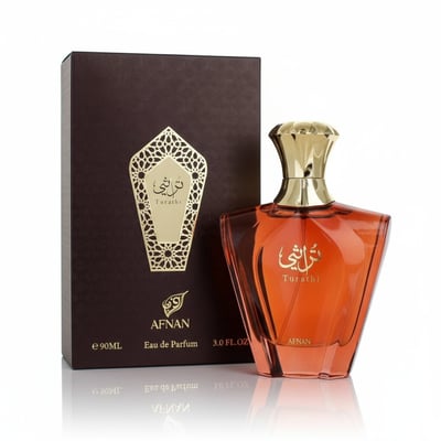 Afnan Turathi Brown by Afnan Perfumes – 100 ml for Men, featuring a brown box and an amber-colored glass bottle with a gold