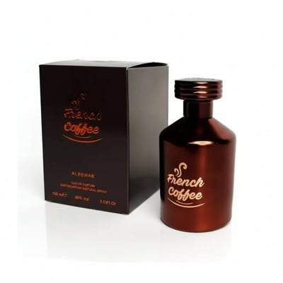 Al Rehab French Coffee 100ml EDP Women — Brown metallic bottle with gold cap and "French Coffee" logo, next to a matching brown box with "French Coffee" logo and product details.