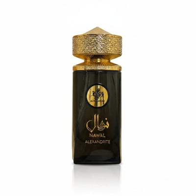 Al Wataniah Alexandrite Nawal — Dark glass perfume bottle with ornate gold cap and Arabic script label on white background