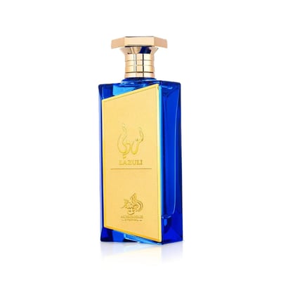 Al Wataniah Lazuli – Blue glass perfume bottle with gold label and cap, isolated on white