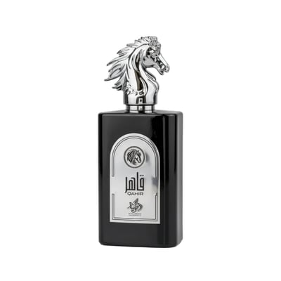 Al Wataniah Qahir Man — Black rectangular perfume bottle with a silver horse head cap and a silver label featuring Arabic