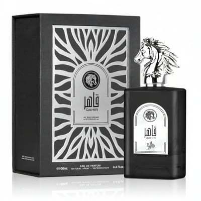 Al Wataniah Qahir Man by Al Wataniah 100ml EDP Men — Black perfume bottle with horse head cap next to matching box with