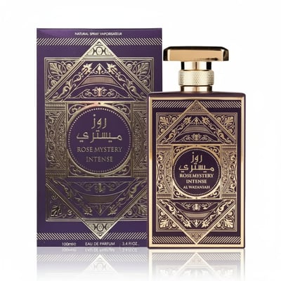 Al Wataniah Rose Mystery Intense — Purple box and bottle with gold ornate geometric patterns and Arabic script.
