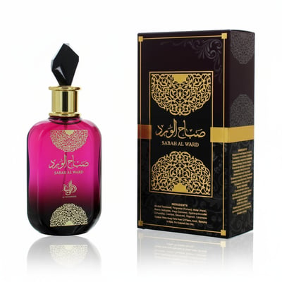 Al Wataniah Sabah Al Ward — Pink gradient glass perfume bottle with gold accents and black faceted cap, next to its matching