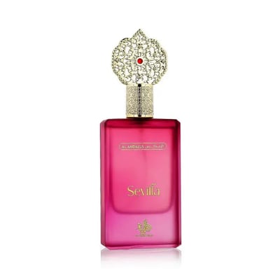 Al Wataniah Sevilla — Pink glass perfume bottle with ornate gold cap and red jewel, text "Sevilla" and "AL ANDALUS"