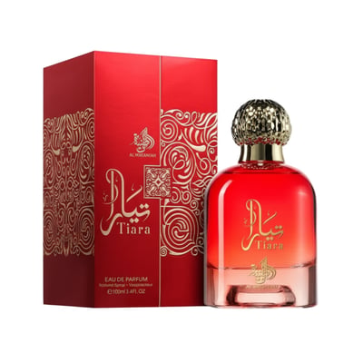 Al Wataniah Tiara – Red perfume bottle with gold cap next to matching red box with ornate gold pattern