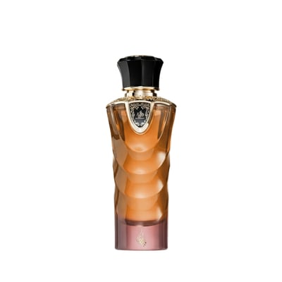 Al Wataniah Tibyan — Amber glass perfume bottle with a faceted black cap and gold accents, set against a white background.