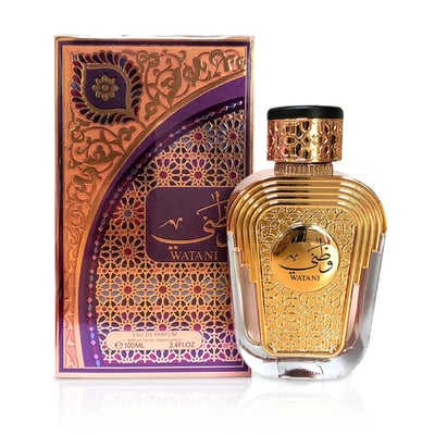 Al Wataniah Watani 100ml EDP – Gold bottle with intricate Arabic patterns next to a matching ornate box with purple and gold