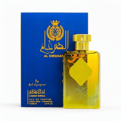Ard Al Zaafaran Al Dirgham EDP 100ml Men — Blue box with gold lion crest and Arabic script next to a gold gradient glass