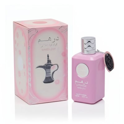 Ard Al Zaafaran Dirham Wardi — Pink perfume bottle and matching box with Arabic coffee pot illustration on white background